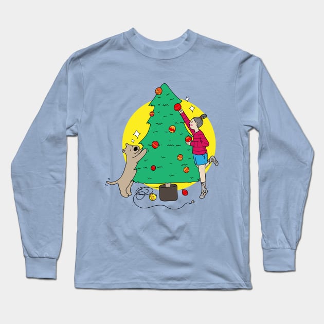 Dog and Christmas Tree Long Sleeve T-Shirt by meilyanadl